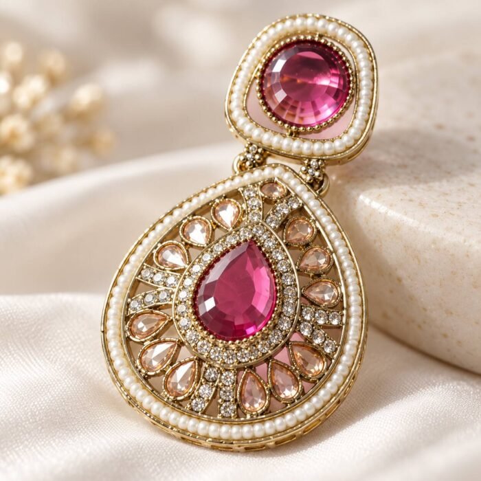 Pink Crystal Dangler Golden Earrings Pink Crystal Dangler Golden Earrings