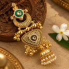 Green Enamel & Pearl Jhumka Earrings