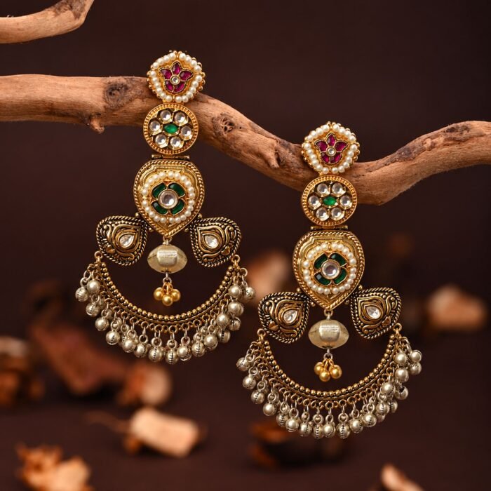 Long Dual Tone Multi-Color Pearl Stone Earrings Long Dual Tone Multi-Color Pearl Stone Earrings