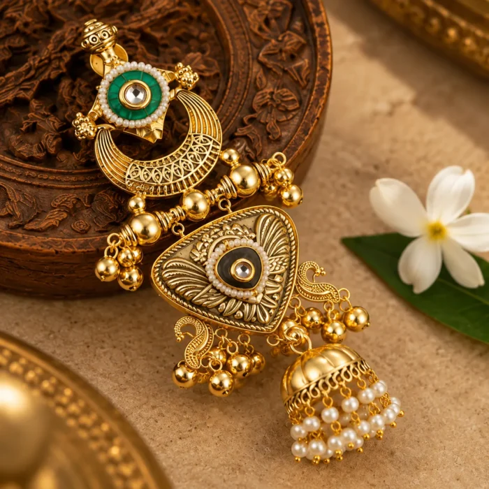 Green Enamel & Pearl Jhumka Earrings Green Enamel & Pearl Jhumka Earrings