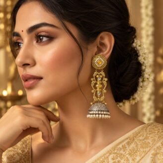 Long Dual Tone Monalisa Stone Jhumka Earrings