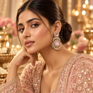 Pink Stone Pakistani Dangle Golden Earrings