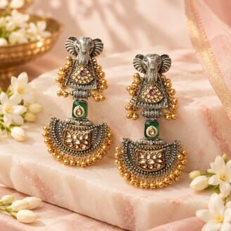 Long Dual Tone Elephant Polki Kundan Earrings Long Dual Tone Elephant Polki Kundan Earrings