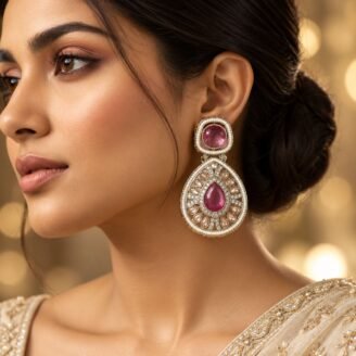 Pink Crystal Dangler Golden Earrings
