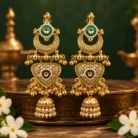 Green Enamel & Pearl Jhumka Earrings