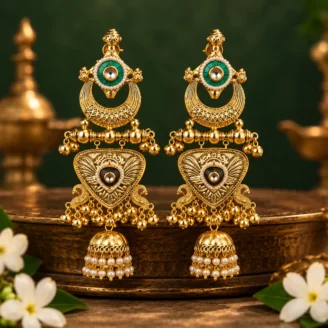 Green Enamel & Pearl Jhumka Earrings