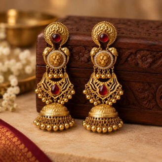 Lion Motif Golden Jhumka Earrings