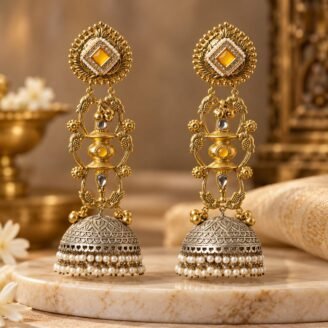 Long Dual Tone Monalisa Stone Jhumka Earrings