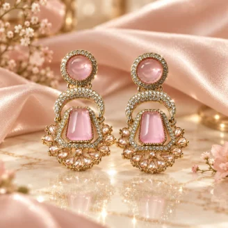 Pink Stone Pakistani Dangle Golden Earrings Pink Stone Pakistani Dangle Golden Earrings