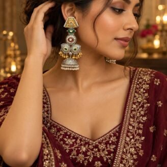Long Dual Tone Stone Beads Drop Earrings