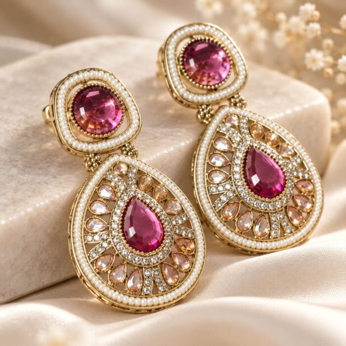 Pink Crystal Dangler Golden Earrings Pink Crystal Dangler Golden Earrings