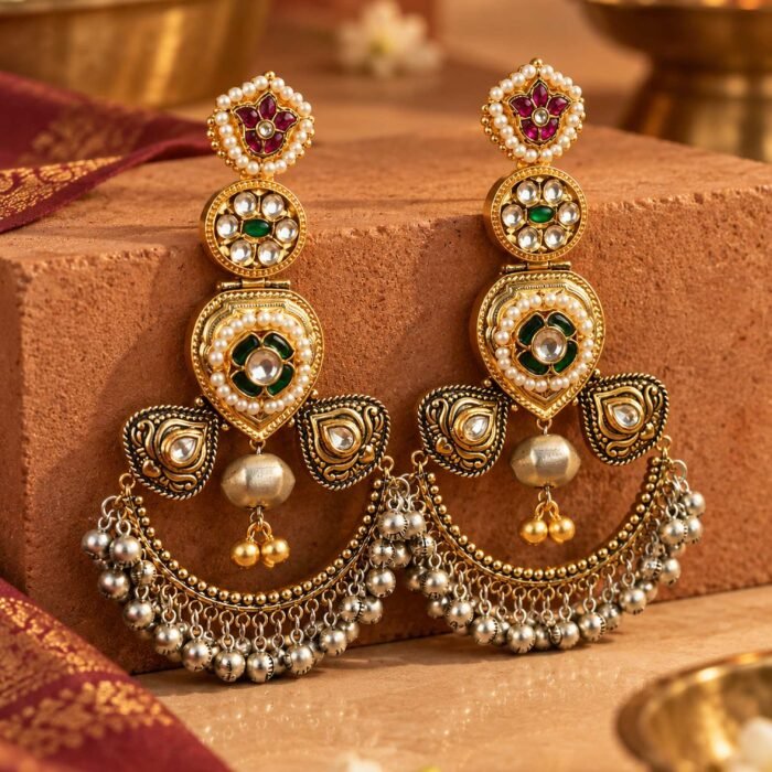 Long Dual Tone Multi-Color Pearl Stone Earrings Long Dual Tone Multi-Color Pearl Stone Earrings