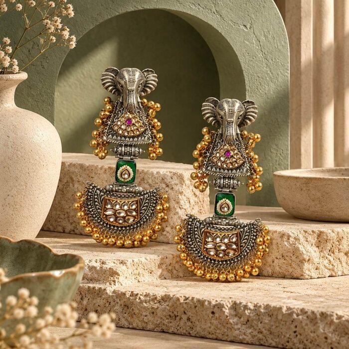 Long Dual Tone Elephant Polki Kundan Earrings Long Dual Tone Elephant Polki Kundan Earrings