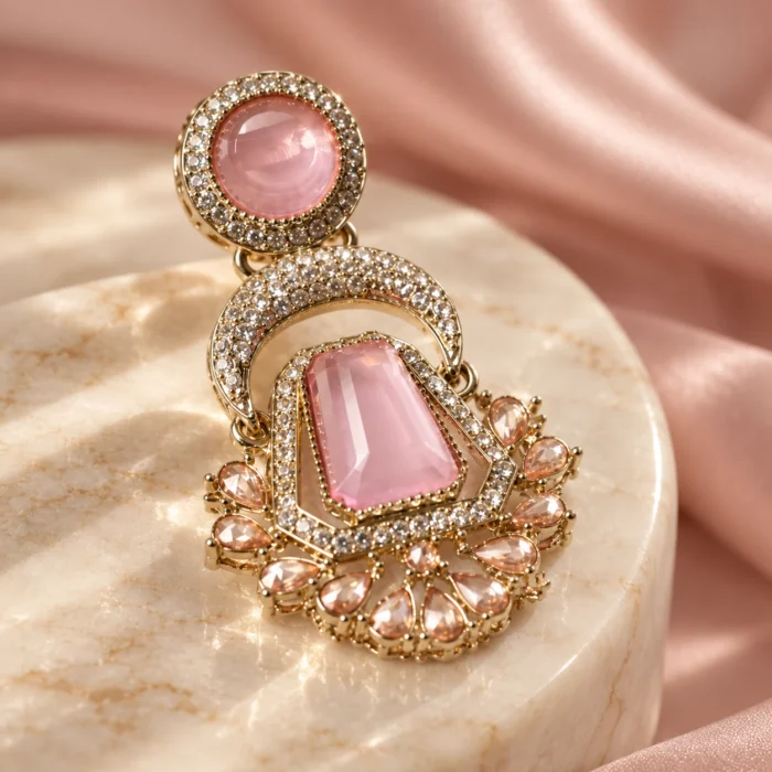 Pink Stone Pakistani Dangle Golden Earrings Pink Stone Pakistani Dangle Golden Earrings