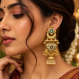 Green Enamel & Pearl Jhumka Earrings