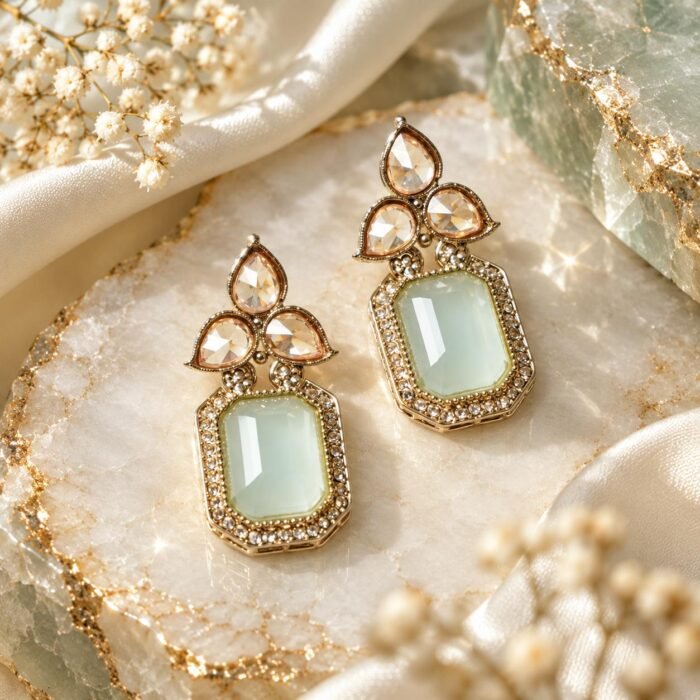 Sea Green Tear Drop Golden Earrings