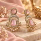 Pink Stone Pakistani Dangle Golden Earrings