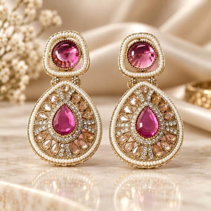 Pink Crystal Dangler Golden Earrings Pink Crystal Dangler Golden Earrings