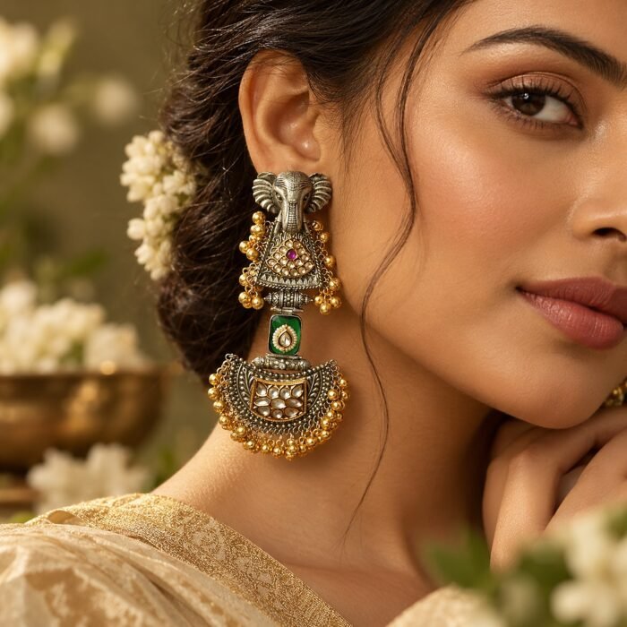 Long Dual Tone Elephant Polki Kundan Earrings Long Dual Tone Elephant Polki Kundan Earrings