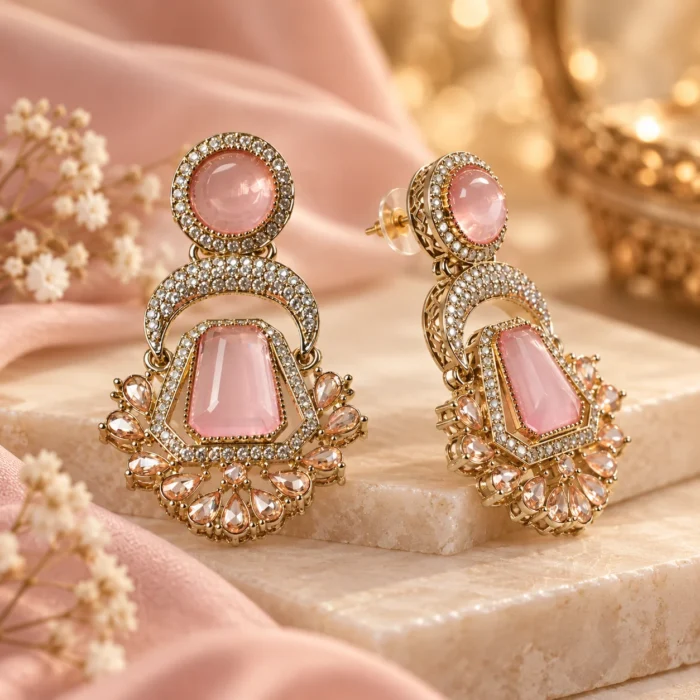 Pink Stone Pakistani Dangle Golden Earrings Pink Stone Pakistani Dangle Golden Earrings