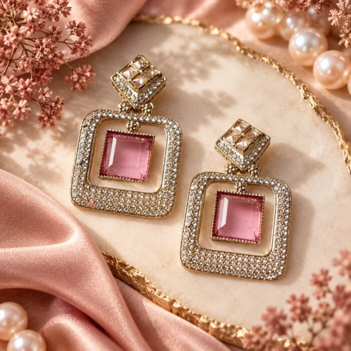 Pink AD Golden Earrings Pink AD Golden Earrings