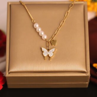 22k Gold Plated Pearl & Butterfly Themed Chain Necklace