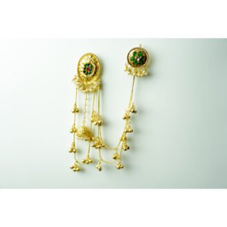 Green & Red Stone Kashmiri Jhumka Earrings with Ear Chain
