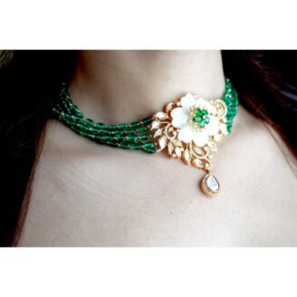 Emerald Polki Pearl Choker Necklace Set