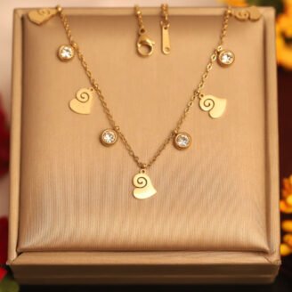 22k Gold Plated Spiral Hearts & Small Zirconia Chain Necklace