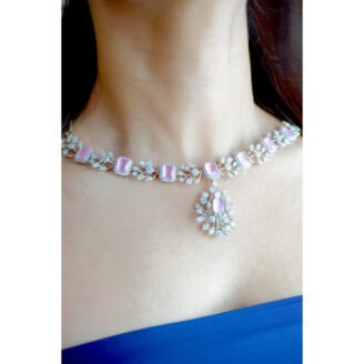 Pink Silver AD Necklace Set