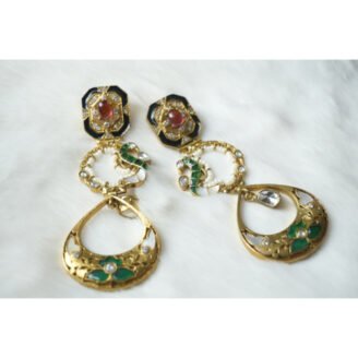 Pearls & Green Enamel Kundan Dangle Earrings