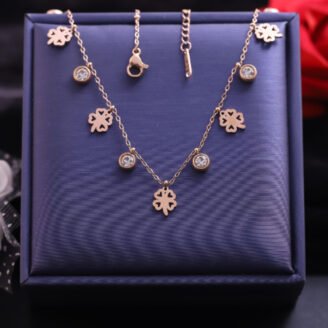 18k Rose Gold Plated Leaf Clover Shaped Charms & Zirconia Necklace