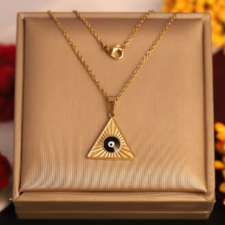 22k Gold Plated Chain Necklace with Triangle Black Evil Eye Pendant