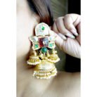 Green Red Stone & Pearl Jhumka Earrings