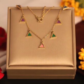 22k Gold Plated Chain Neckalce with Multi Colour Triangle-Shaped Pendant