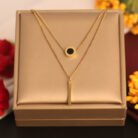 22k Gold Plated Double Layered Chain Neckalce with Black Enamel Circle and Pipe Pendant