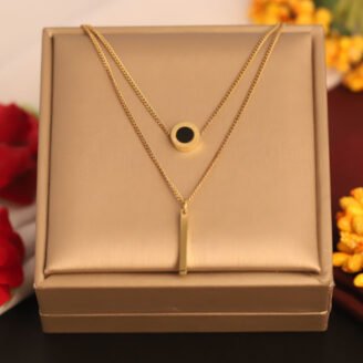 22k Gold Plated Double Layered Chain Neckalce with Black Enamel Circle and Pipe Pendant