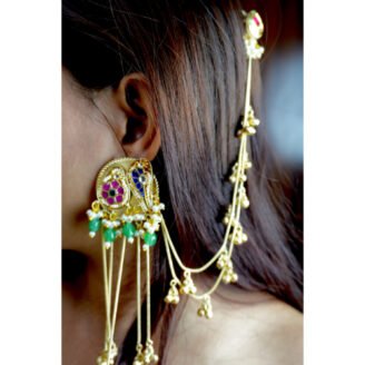 Bird Motif with Ghungroo Bell Kashmiri Earrings with Ear Chain