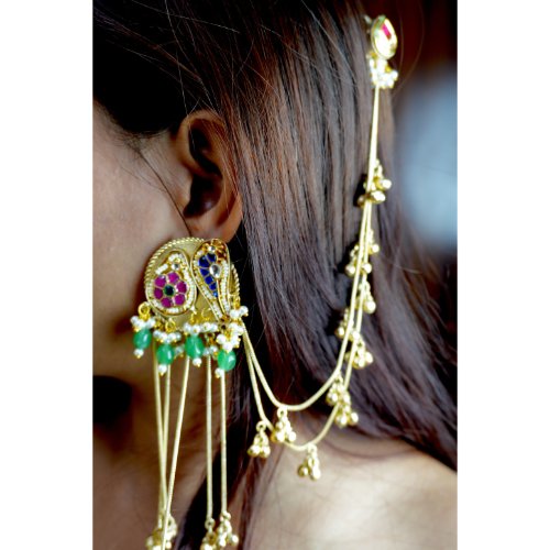 17bIbhV3rmiFfCw-ZaLSHf624GaxyCFRL.jpg Bird Motif with Ghungroo Bell Kashmiri Earrings with Ear Chain