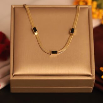 22k Gold Plated Snake Chain Necklace with Rectangular Black Gemstones