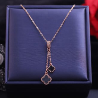 18k Rose Gold Plated Chain Necklace with Black Leaf Clover Pendant