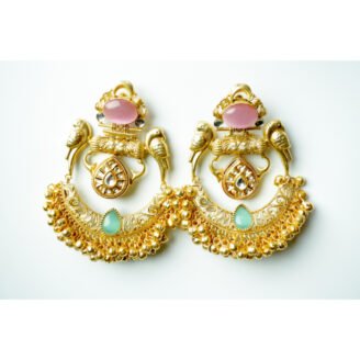 Pink & Green Chandbali Bird Motif Earrings