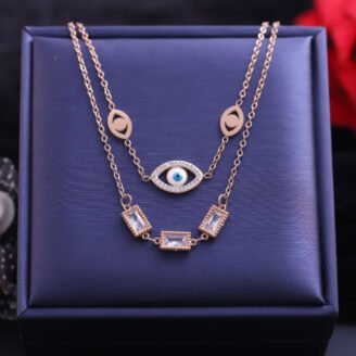 18k Rose Gold Plated Chain Necklace with Evil Eye & Rectangular Gemstone Pendant