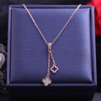 18k Rose Gold Plated Chain Necklace with Hollow & White Leaf Clover Pendant