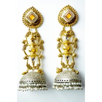 Long Dual Tone Monalisa Stone Jhumka Earrings