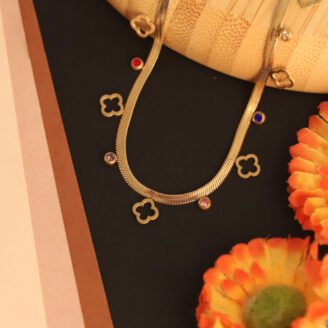 22k Gold Plated Clover Shaped Charms & Multi Colour Zirconia Snake Chain Necklace