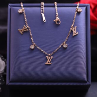 18k Rose Gold Plated LV & Zirconia Charm Necklace