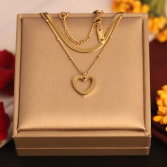 22k Gold Plated Double Layered Snake Chain Necklace with Heart Pendant