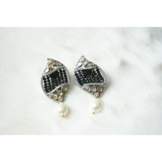 Black Leaf Shaped Pearl Drop Earrings