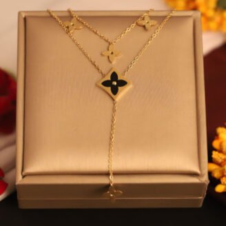 22k Gold Plated Dual Layered Flower Charm Chain Necklace